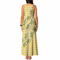 Aloha Puakenikeni Anthurium Pikake Lei Tank Maxi Dress Gold Hawaiian Palaka Pattern LT9 - Polynesian Pride