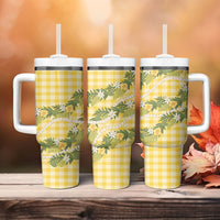 Aloha Puakenikeni Anthurium Pikake Lei Tumbler With Handle Gold Hawaiian Palaka Pattern