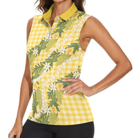 Aloha Puakenikeni Anthurium Pikake Lei Women Sleeveless Polo Shirt Gold Hawaiian Palaka Pattern