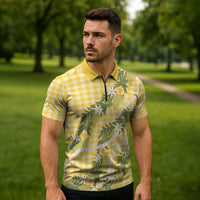 Aloha Puakenikeni Anthurium Pikake Lei Zipper Polo Shirt Gold Hawaiian Palaka Pattern LT9 - Polynesian Pride