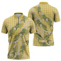 Aloha Puakenikeni Anthurium Pikake Lei Zipper Polo Shirt Gold Hawaiian Palaka Pattern LT9 - Polynesian Pride