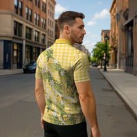 Aloha Puakenikeni Anthurium Pikake Lei Zipper Polo Shirt Gold Hawaiian Palaka Pattern LT9 - Polynesian Pride