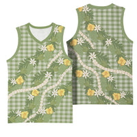 Aloha Puakenikeni Anthurium Pikake Lei Basketball Jersey Green Hawaiian Palaka Pattern