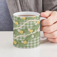 Aloha Puakenikeni Anthurium Pikake Lei Ceramic Mug Green Hawaiian Palaka Pattern