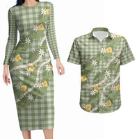 Aloha Puakenikeni Anthurium Pikake Lei Couples Matching Long Sleeve Bodycon Dress and Hawaiian Shirt Green Hawaiian Palaka Pattern LT9 Green - Polynesian Pride