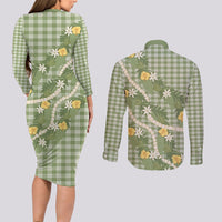Aloha Puakenikeni Anthurium Pikake Lei Couples Matching Long Sleeve Bodycon Dress and Long Sleeve Button Shirt Green Hawaiian Palaka Pattern