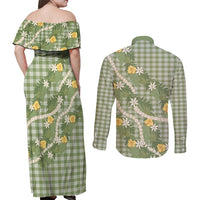 Aloha Puakenikeni Anthurium Pikake Lei Couples Matching Off Shoulder Maxi Dress and Long Sleeve Button Shirt Green Hawaiian Palaka Pattern