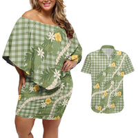 Aloha Puakenikeni Anthurium Pikake Lei Couples Matching Off Shoulder Short Dress and Hawaiian Shirt Green Hawaiian Palaka Pattern