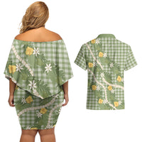 Aloha Puakenikeni Anthurium Pikake Lei Couples Matching Off Shoulder Short Dress and Hawaiian Shirt Green Hawaiian Palaka Pattern