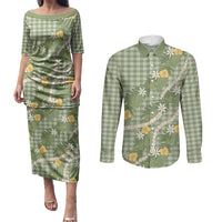 Aloha Puakenikeni Anthurium Pikake Lei Couples Matching Puletasi and Long Sleeve Button Shirt Green Hawaiian Palaka Pattern LT9 Green - Polynesian Pride