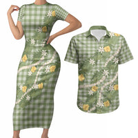 Aloha Puakenikeni Anthurium Pikake Lei Couples Matching Short Sleeve Bodycon Dress and Hawaiian Shirt Green Hawaiian Palaka Pattern LT9 Green - Polynesian Pride
