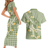 Aloha Puakenikeni Anthurium Pikake Lei Couples Matching Short Sleeve Bodycon Dress and Hawaiian Shirt Green Hawaiian Palaka Pattern LT9 - Polynesian Pride