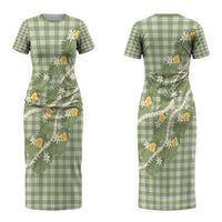 Aloha Puakenikeni Anthurium Pikake Lei Couples Matching Short Sleeve Bodycon Dress and Hawaiian Shirt Green Hawaiian Palaka Pattern LT9 - Polynesian Pride