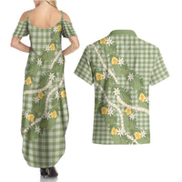 Aloha Puakenikeni Anthurium Pikake Lei Couples Matching Summer Maxi Dress and Hawaiian Shirt Green Hawaiian Palaka Pattern