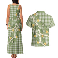 Aloha Puakenikeni Anthurium Pikake Lei Couples Matching Tank Maxi Dress and Hawaiian Shirt Green Hawaiian Palaka Pattern