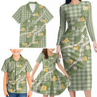 Aloha Puakenikeni Anthurium Pikake Lei Family Matching Long Sleeve Bodycon Dress and Hawaiian Shirt Green Hawaiian Palaka Pattern LT9 - Polynesian Pride