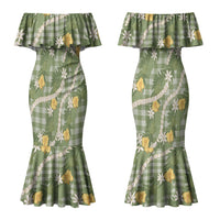 Aloha Puakenikeni Anthurium Pikake Lei Family Matching Mermaid Dress and Hawaiian Shirt Green Hawaiian Palaka Pattern LT9 Mom's Dress Green - Polynesian Pride