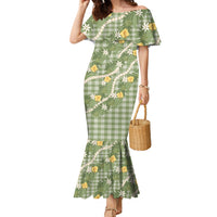 Aloha Puakenikeni Anthurium Pikake Lei Family Matching Mermaid Dress and Hawaiian Shirt Green Hawaiian Palaka Pattern