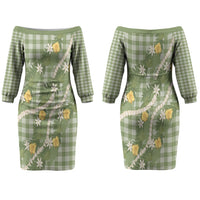 Aloha Puakenikeni Anthurium Pikake Lei Family Matching Off The Shoulder Long Sleeve Dress and Hawaiian Shirt Green Hawaiian Palaka Pattern LT9 Mom's Dress Green - Polynesian Pride