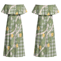 Aloha Puakenikeni Anthurium Pikake Lei Family Matching Off Shoulder Maxi Dress and Hawaiian Shirt Green Hawaiian Palaka Pattern LT9 Mom's Dress Green - Polynesian Pride