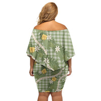 Aloha Puakenikeni Anthurium Pikake Lei Family Matching Off Shoulder Short Dress and Hawaiian Shirt Green Hawaiian Palaka Pattern