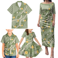 Aloha Puakenikeni Anthurium Pikake Lei Family Matching Puletasi and Hawaiian Shirt Green Hawaiian Palaka Pattern LT9 - Polynesian Pride