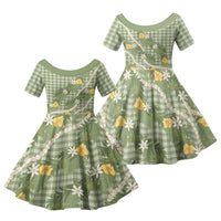 Aloha Puakenikeni Anthurium Pikake Lei Family Matching Puletasi and Hawaiian Shirt Green Hawaiian Palaka Pattern LT9 Daughter's Dress Green - Polynesian Pride