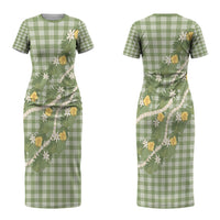 Aloha Puakenikeni Anthurium Pikake Lei Family Matching Short Sleeve Bodycon Dress and Hawaiian Shirt Green Hawaiian Palaka Pattern LT9 Mom's Dress Green - Polynesian Pride