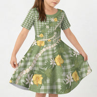 Aloha Puakenikeni Anthurium Pikake Lei Kid Short Sleeve Dress Green Hawaiian Palaka Pattern LT9 KID Green - Polynesian Pride