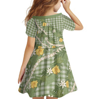 Aloha Puakenikeni Anthurium Pikake Lei Kid Short Sleeve Dress Green Hawaiian Palaka Pattern LT9 - Polynesian Pride