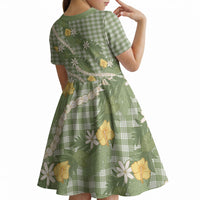 Aloha Puakenikeni Anthurium Pikake Lei Kid Short Sleeve Dress Green Hawaiian Palaka Pattern LT9 - Polynesian Pride