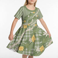 Aloha Puakenikeni Anthurium Pikake Lei Kid Short Sleeve Dress Green Hawaiian Palaka Pattern LT9 - Polynesian Pride