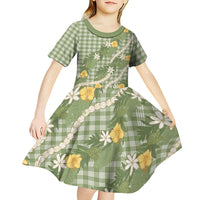 Aloha Puakenikeni Anthurium Pikake Lei Kid Short Sleeve Dress Green Hawaiian Palaka Pattern LT9 - Polynesian Pride