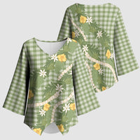 Aloha Puakenikeni Anthurium Pikake Lei Kimono Sleeve Blouse Green Hawaiian Palaka Pattern