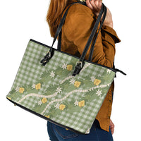 Aloha Puakenikeni Anthurium Pikake Lei Leather Tote Bag Green Hawaiian Palaka Pattern