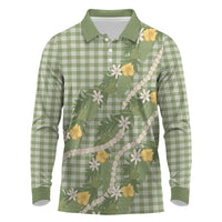 Aloha Puakenikeni Anthurium Pikake Lei Long Sleeve Polo Shirt Green Hawaiian Palaka Pattern LT9 Green - Polynesian Pride