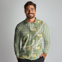 Aloha Puakenikeni Anthurium Pikake Lei Long Sleeve Polo Shirt Green Hawaiian Palaka Pattern LT9 - Polynesian Pride