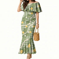 Aloha Puakenikeni Anthurium Pikake Lei Mermaid Dress Green Hawaiian Palaka Pattern LT9 Women Green - Polynesian Pride