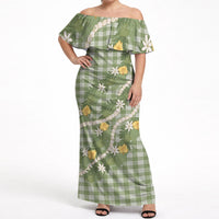 Aloha Puakenikeni Anthurium Pikake Lei Off Shoulder Maxi Dress Green Hawaiian Palaka Pattern LT9 Women Green - Polynesian Pride