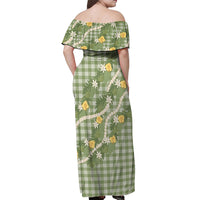 Aloha Puakenikeni Anthurium Pikake Lei Off Shoulder Maxi Dress Green Hawaiian Palaka Pattern LT9 - Polynesian Pride