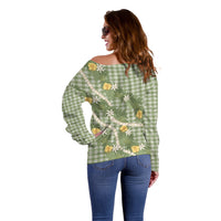 Aloha Puakenikeni Anthurium Pikake Lei Off Shoulder Sweater Green Hawaiian Palaka Pattern LT9 - Polynesian Pride