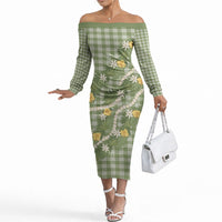 Aloha Puakenikeni Anthurium Pikake Lei Off The Shoulder Long Sleeve Dress Green Hawaiian Palaka Pattern LT9 Women Green - Polynesian Pride