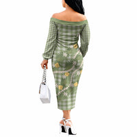 Aloha Puakenikeni Anthurium Pikake Lei Off The Shoulder Long Sleeve Dress Green Hawaiian Palaka Pattern LT9 - Polynesian Pride