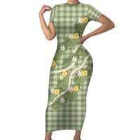Aloha Puakenikeni Anthurium Pikake Lei Short Sleeve Bodycon Dress Green Hawaiian Palaka Pattern LT9 Long Dress Green - Polynesian Pride