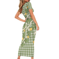 Aloha Puakenikeni Anthurium Pikake Lei Short Sleeve Bodycon Dress Green Hawaiian Palaka Pattern LT9 - Polynesian Pride