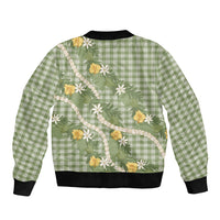 Aloha Puakenikeni Anthurium Pikake Lei Sleeve Zip Bomber Jacket Green Hawaiian Palaka Pattern LT9 - Polynesian Pride