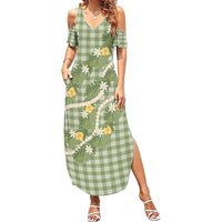 Aloha Puakenikeni Anthurium Pikake Lei Summer Maxi Dress Green Hawaiian Palaka Pattern LT9 Women Green - Polynesian Pride