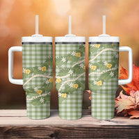 Aloha Puakenikeni Anthurium Pikake Lei Tumbler With Handle Green Hawaiian Palaka Pattern