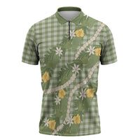 Aloha Puakenikeni Anthurium Pikake Lei Zipper Polo Shirt Green Hawaiian Palaka Pattern LT9 Green - Polynesian Pride
