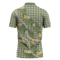Aloha Puakenikeni Anthurium Pikake Lei Zipper Polo Shirt Green Hawaiian Palaka Pattern LT9 - Polynesian Pride